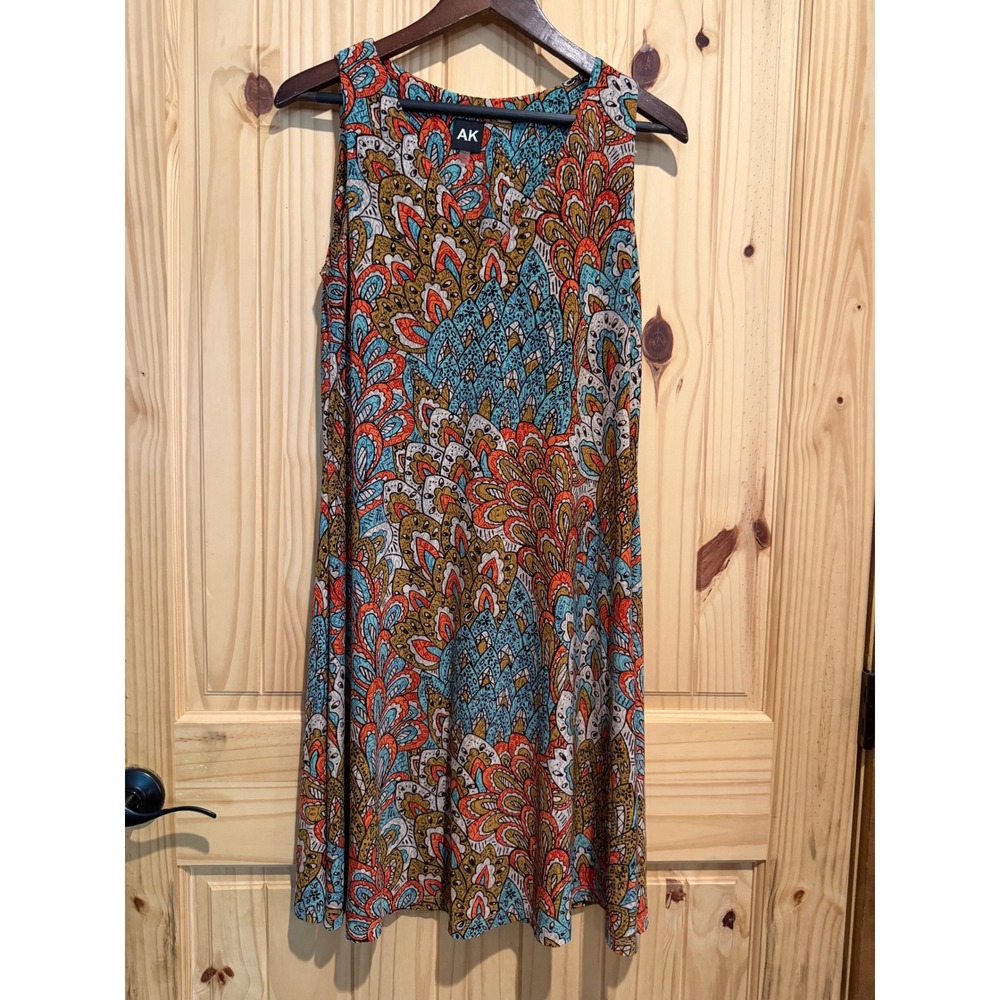 Anne Klein AK Womens Multi Color Peacock Feather Print V-Neck Shift Dress 4